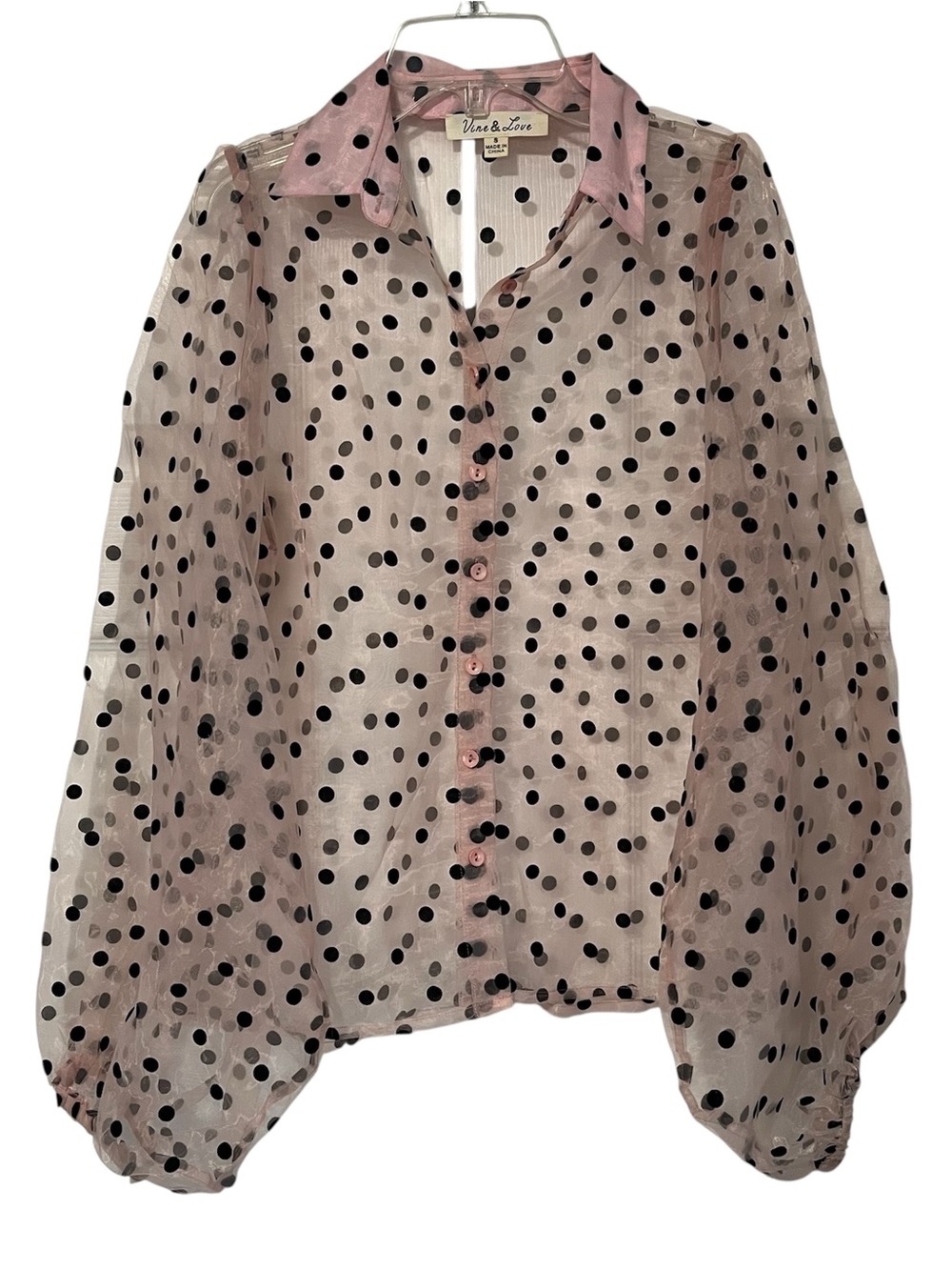 Vine & Love size small sheer pink and black polka dot button down